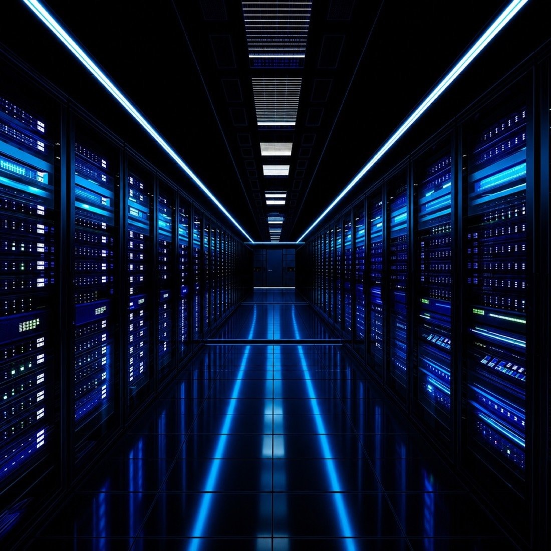 Symmetrical data-center aisle with blue-lit server racks for cloud infrastructure