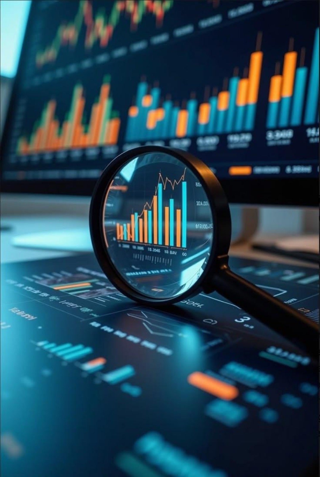 Magnifying glass focusing on teal and orange bar charts over a dark analytics workspace